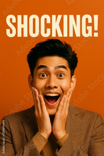 Shocked Asian man in brown outfit reacting on orange background