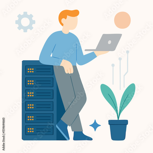 Flat Design Server Network Illustration with Man and Laptop for Technology