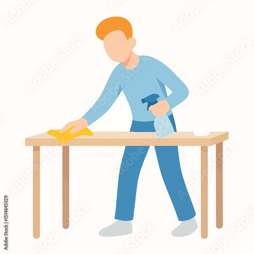 Flat Illustration Man Cleaning Wooden Table with Spray Bottle at Home