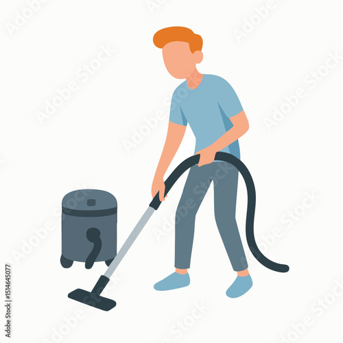 Flat Illustration Man Vacuuming Cleaning Floor with Vacuum Cleaner Equipment