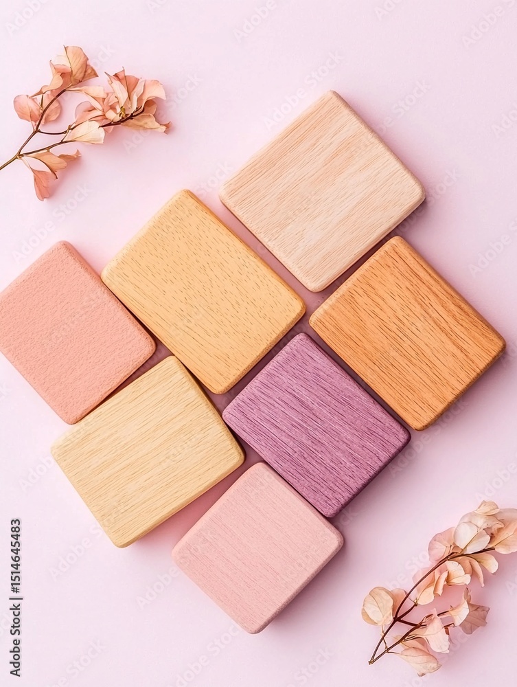 Pastel Wooden Blocks Arranged in Diamond Pattern on Pink Background Pastel Wooden Blocks Arranged in Diamond Pattern on Pink Background