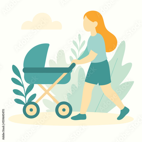 Flat Style Woman Pushing Stroller in Park Simple Illustration Design