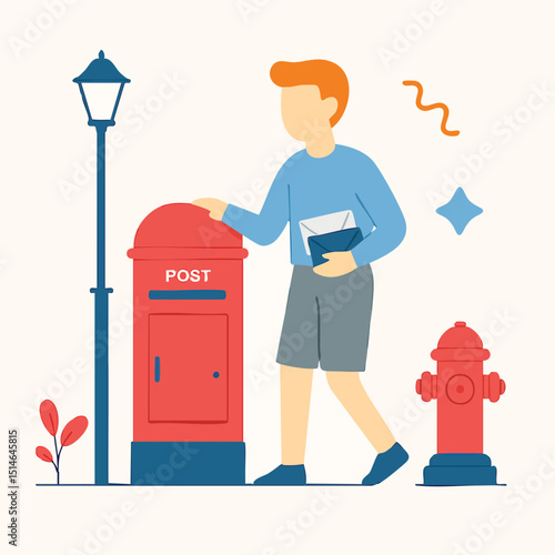Flat Illustration of Man Posting Letter in Red Mailbox Outdoors