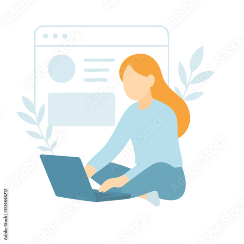 Flat Illustration Woman Working on Laptop Sitting Cross Legged at Home