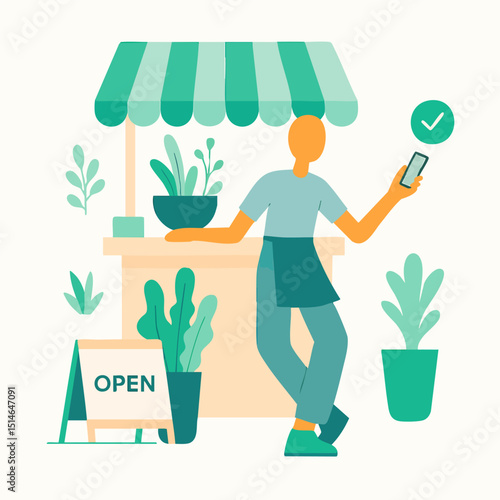 Flat Illustration Local Shop with Man Using Smartphone for Payment