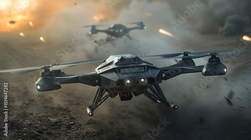 Advanced Combat Quadcopter Drones on a Tactical Mission in a Gritty Battlefield Environment