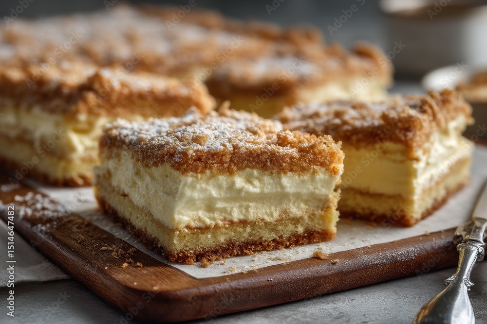 Cremeschnitte Vanilleschnitte Schichtkuchen mit Creme Blätterteigschnitte Vanillecremeschnitte Dessertkuchen Sahneschnitte Kuchen mit Puderzucker Cremeschnitten Rezept Feiner Cremekuchen Backidee
