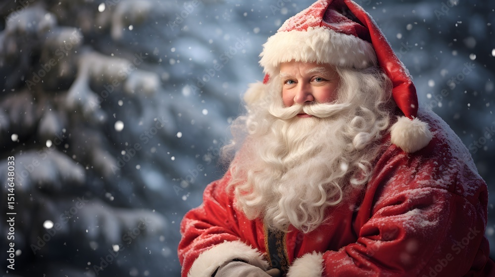 Jolly Santa Claus Portrait: A Cheerful, Kind Face with a White Beard Amidst Falling Snow Jolly Santa Claus Portrait: A Cheerful, Kind Face with a White Beard Amidst Falling Snow