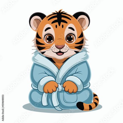 Cute Cartoon Tiger Cub in a Bathrobe – Kawaii Style Animal Illustration for Kids Coloring Book and Character Design

