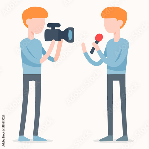 Flat Illustration Interview Situation with Cameraman and Reporter Broadcasting News