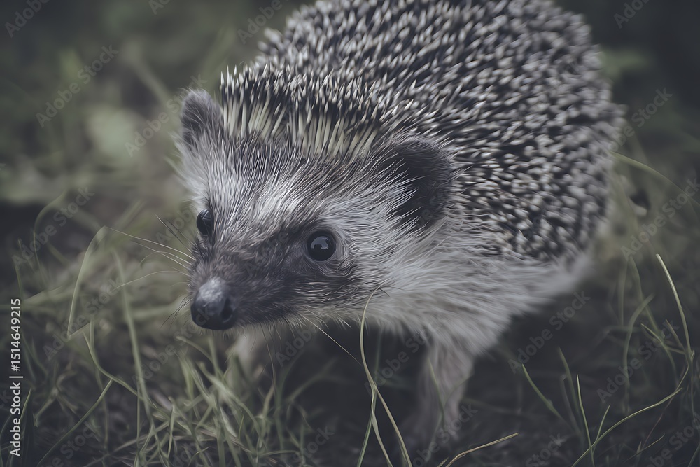 Hedgehog exploring in grassy green meadow Hedgehog exploring in grassy green meadow
