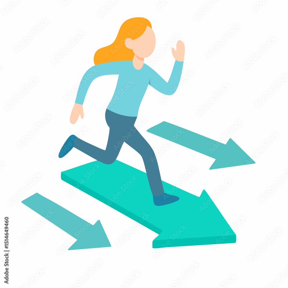 Flat Style Determined Woman Running on Arrow Sign Illustration Flat Style Determined Woman Running on Arrow Sign Illustration