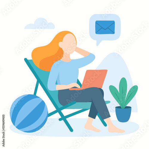 Flat Design Woman Working Remotely on Laptop Relaxing on Beach Chair Illustration