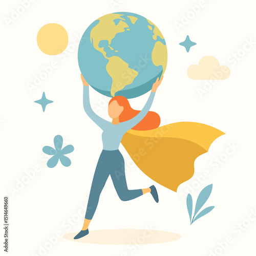 Flat Illustration of Heroic Woman Holding Globe with Cape on Shoulders