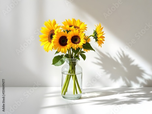 Bouquet of sunflowers in vase on a white background