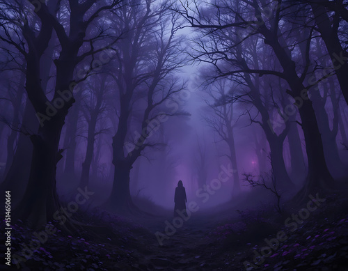 Fototapeta Naklejka Na Ścianę i Meble -  Silhouette of a person in a misty purple forest with bare trees and eerie atmosphere