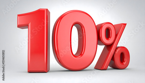 3D Icon Number 10 % percentage red plastic, sale discount isolated on white background.