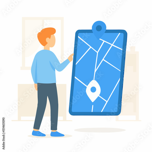 Flat Cartoon Man Navigating Mobile Map with Location Pin Illustration