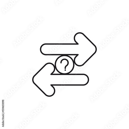 Uncertainty icon with two arrows, question mark, and opposite directions symbolizing choice with unknown outcomes. Ideal for decisionmaking concepts.