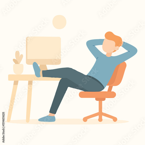 Flat Design Relaxed Businessman Leaning Back in Chair at Workplace Illustration