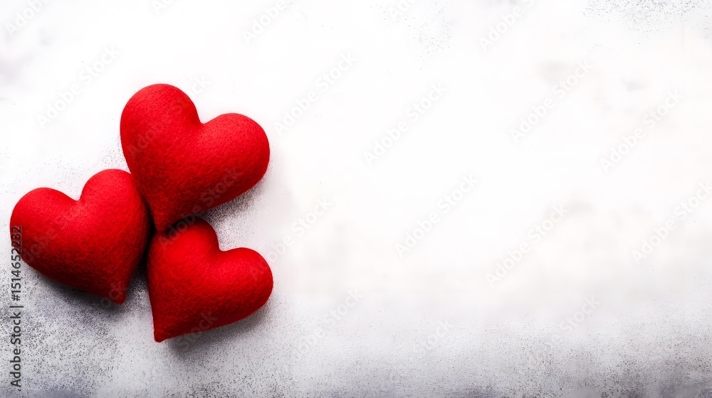 Obraz premium Three Red Felt Hearts on Grey Background Valentine's Day