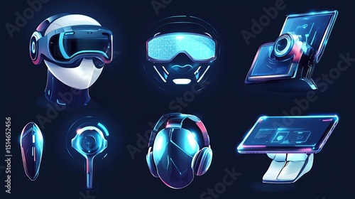 Futuristic tech devices, glowing in vibrant neon colors