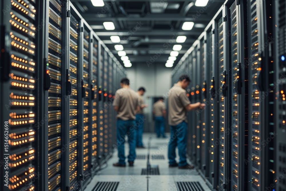 Fototapeta premium Server room technicians working on data storage
