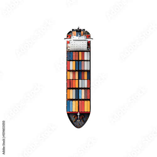 Aerial view of a large cargo ship with colorful on transparent background sea top