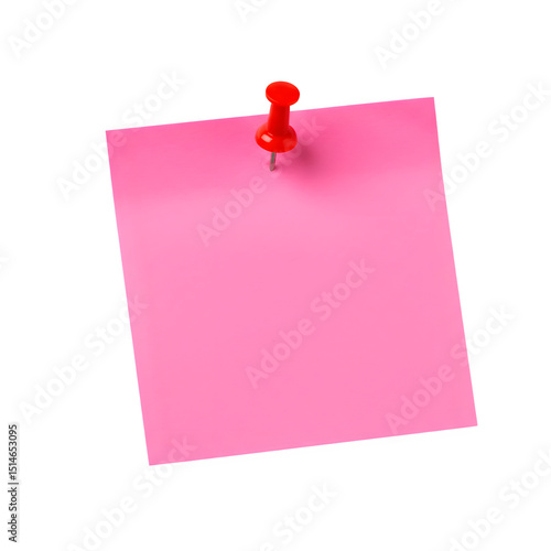 Pink Sticky Note with red Pushpin Isolated on Transparent Background. Pink sticky post it note with red pushpin isolated on white or transparent background. PNG