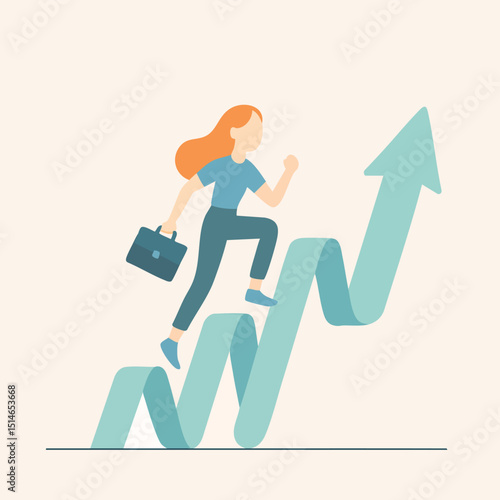 Flat Cartoon Woman Climbing Arrow Stairway with Briefcase Illustration