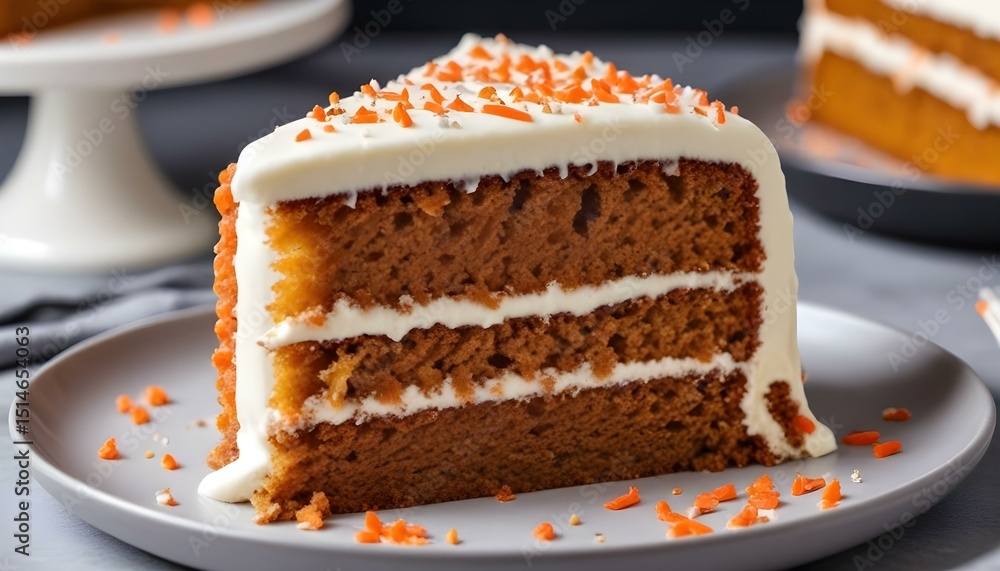 A tempting slice of carrot cake with white frosting and orange shavings on a plate. A tempting slice of carrot cake with white frosting and orange shavings on a plate.