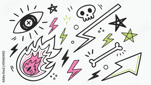 Hand-drawn doodle set featuring flames, lightning bolts, skull, eye, stars, and bone