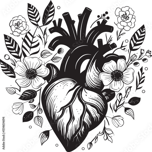 Wallpaper Mural Black Vector Botanical Heart Anatomical Floral Design Icon Anatomical Floral Heart Black Botanical Vector Art Emblem Torontodigital.ca