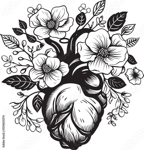 Vector Emblem Anatomical Floral Heart Black Botanical Symbol Anatomical Heart with Flowers Black Vector Botanical Logo