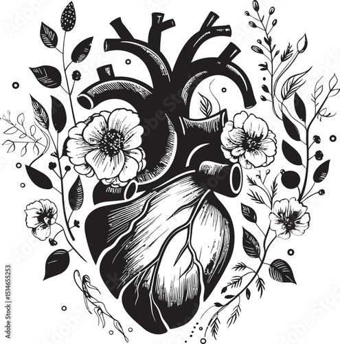 Anatomical Floral Heart Vector Black Botanical Logo Symbol Vector Art Anatomical Floral Heart with Black Botanical Icon