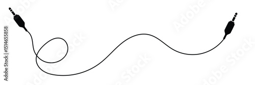 Audio jack 3.5 mm. Black stereo audio cable. Vector illustration. 3.5 mm stereo audio extension cable isolated . EPS 20 .