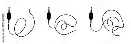 Audio jack 3.5 mm. Black stereo audio cable. Vector illustration. 3.5 mm stereo audio extension cable isolated . EPS 20 .