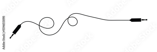 Audio jack 3.5 mm. Black stereo audio cable. Vector illustration. 3.5 mm stereo audio extension cable isolated . EPS 20 .