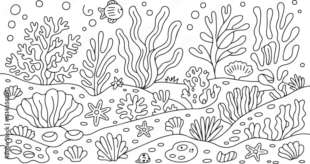 Fototapeta premium Underwater Coral Reef Coloring Page – Hand-Drawn Ocean Scene for Kids and Adults