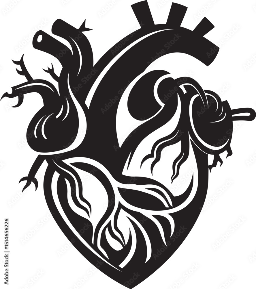 Fototapeta premium Anatomical Floral Heart Black Vector Icon Design with Botanical Elements Black Botanical Floral Heart Anatomical Vector Emblem for Logos