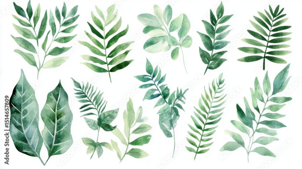 Fototapeta premium Watercolor Greenery: Leaf Collection