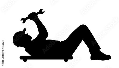 Silhouette of a Mechanic Lying Under a Vehicle with Wrench – Auto Repair, Maintenance Service, Manual Labor, Garage Work, Technical Expertise, Automotive Diagnostics


