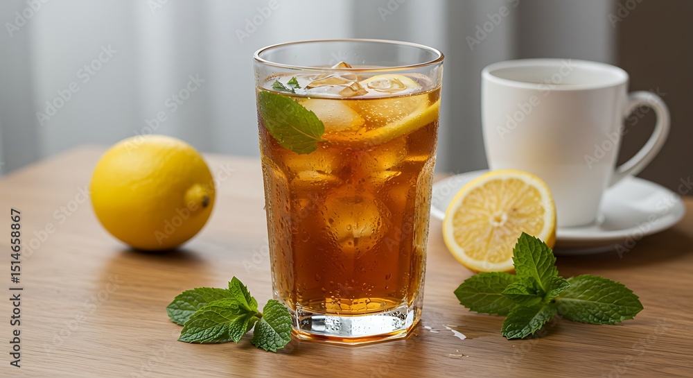 Iced Tea with Lemon and Mint on Wooden Table Iced Tea with Lemon and Mint on Wooden Table