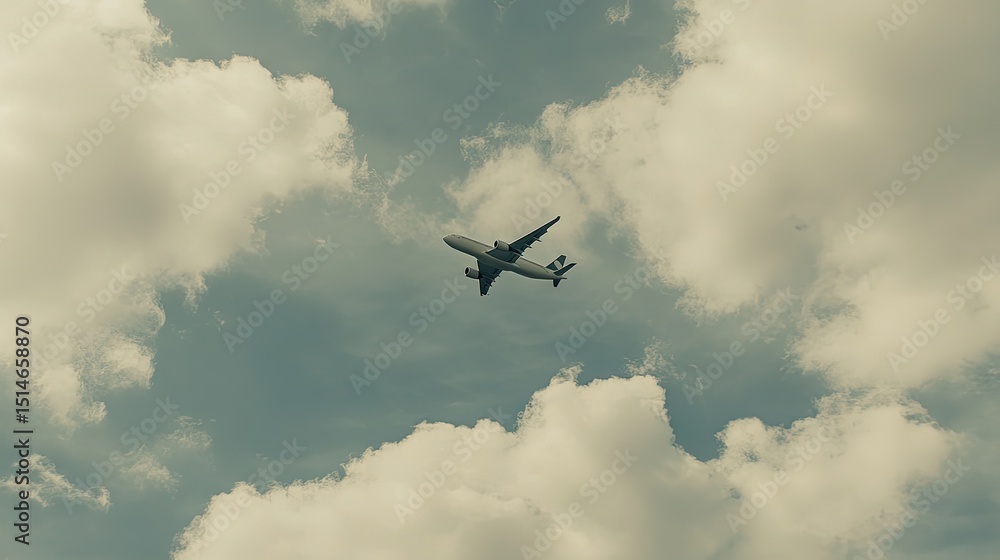 Fototapeta premium Airplane high above a cloudy sky.