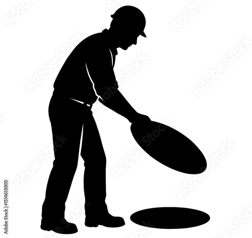 Silhouette of Utility Worker Opening a Manhole Cover – Sewer Maintenance, Underground Inspection, City Infrastructure Service, Public Utilities Work, Safety and Technical Inspection Concept

