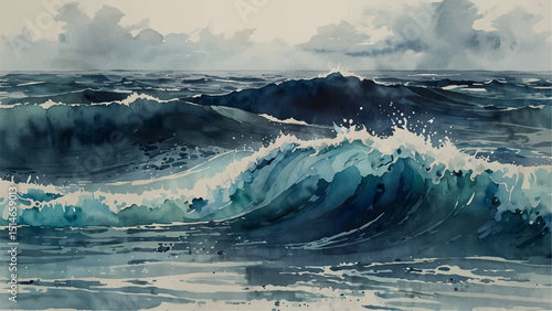 "Dynamic watercolor painting depicting powerful ocean waves crashing with splashes foam. hints of warm tones create a dramatic seascape full of energy and movement, evoking the raw force of nature"