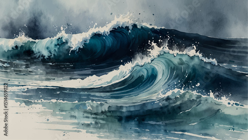 "Dynamic watercolor painting depicting powerful ocean waves crashing with splashes foam. hints of warm tones create a dramatic seascape full of energy and movement, evoking the raw force of nature"