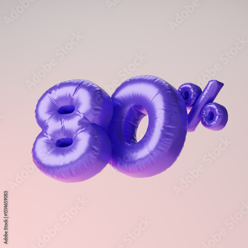 Inflated purple eighty percent or 80 % isolated over pink background. 3D rendering.