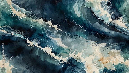 "Dynamic watercolor painting depicting powerful ocean waves crashing with splashes foam. hints of warm tones create a dramatic seascape full of energy and movement, evoking the raw force of nature"
