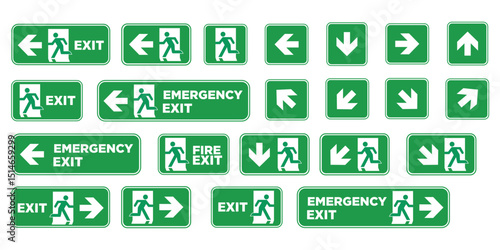 Emergency exit sign set. Emergency and fire exit icons. Man running out arrow, green background.